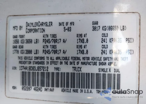 2003 Dodge Ram 1500 Slt/Laramie/St z USA, uszkodzony, nr VIN 1D7HA18D83J657212